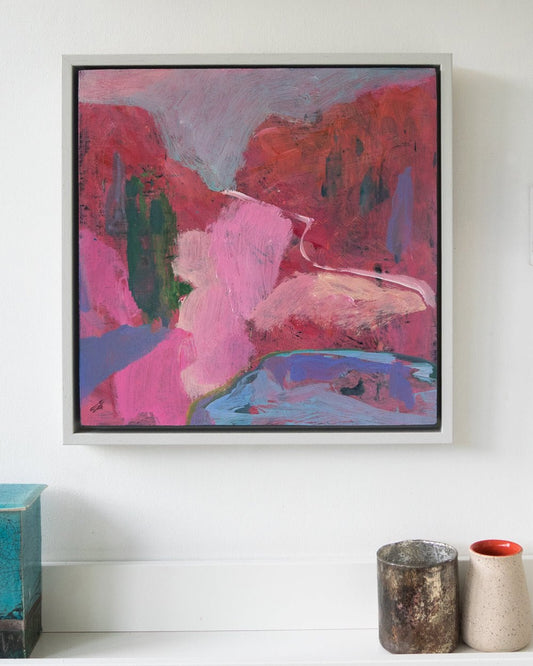 soft summery pinks and blues in an abstract landscape painting inspired by Italy