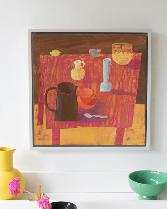 a fun still life painting by artist gabriella buckingham, framed and ready to hang